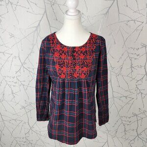 Max Floral Embroidered Plaid 100% Cotton Empire Waist Blouse